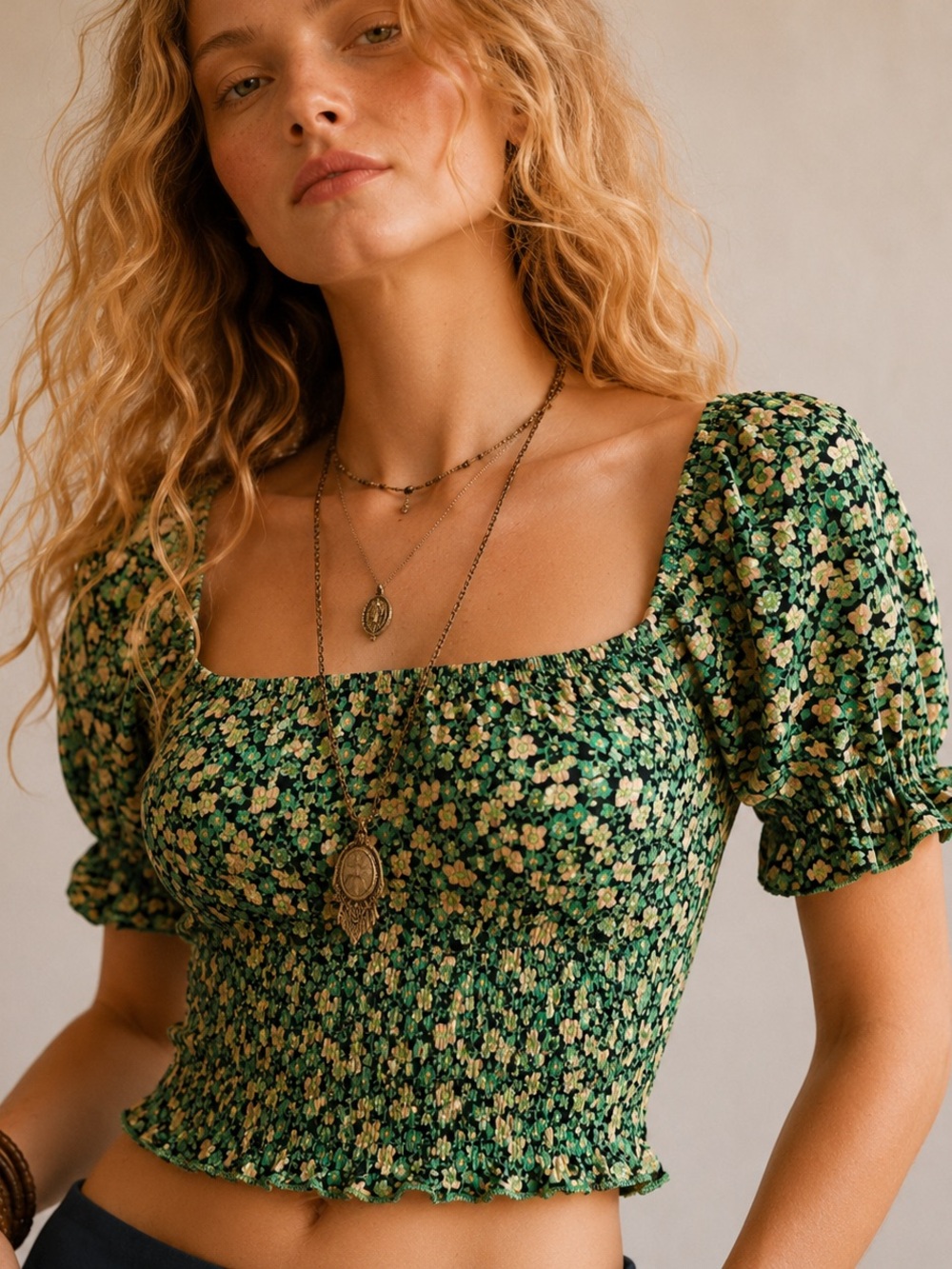 Topshop Green Floral Smocked Crop Top Puff Sleeve Cottagecore NWT US 4
